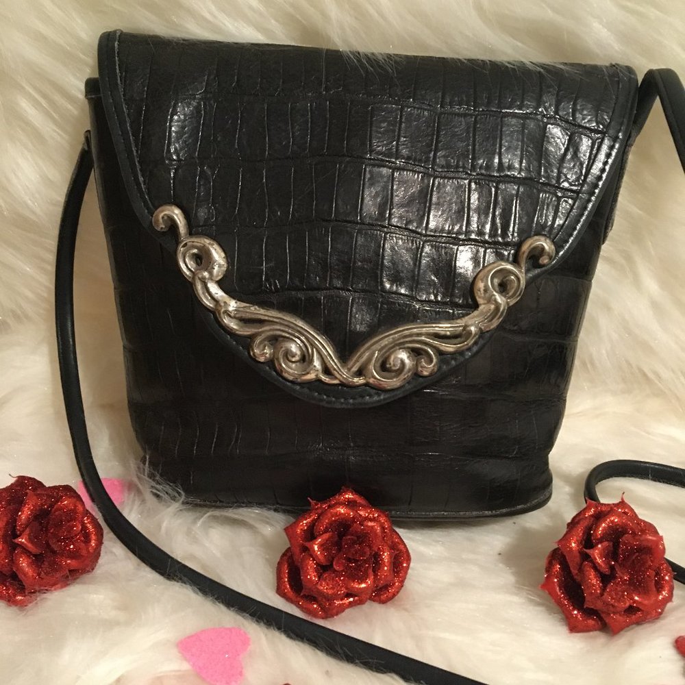 Vintage Brighton Black Leather Bucket Bag Faux Croc Leather Crossbody